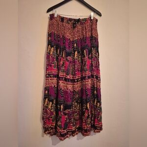 Vintage Boho Maxi Print Skirt With Tiny Bells On Drawstring At Waist Large